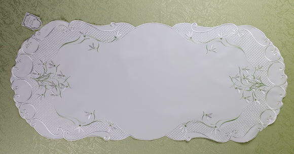 Plauener Spitze Stickerei Frühling Schneeglöckchen Tischläufer Größe 40x90cm oval