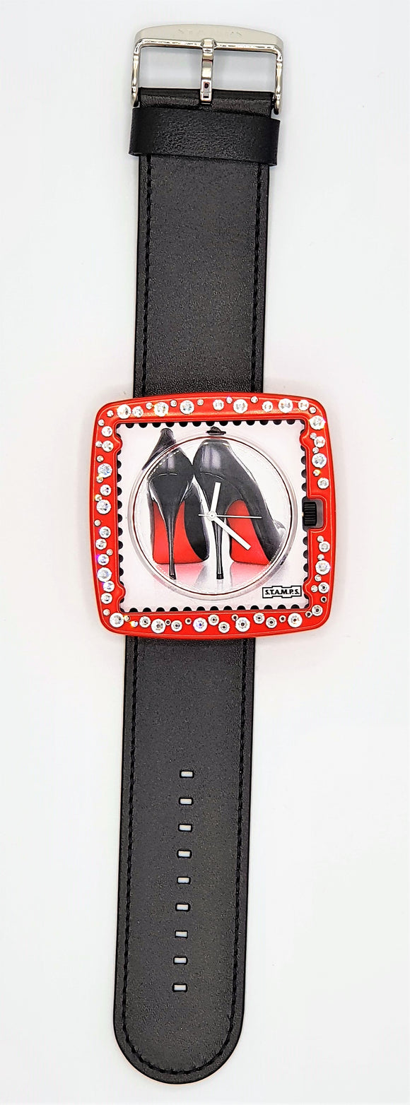 DER Hingucker!  Armband Classic Leather Black mit Full Metal Jack Diamond Red und Zifferblatt High Heels! Eine Uhr- zwei Tragemöglichkeiten! Mit oder ohne Rahmen. (Snapper enthalten!)