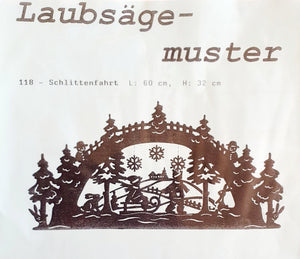 Laubsägevorlage für doppelten Schwibbogen  Motiv: Schlittenfahrt VL 118 Art. 2307   Größe: 60x32cm
