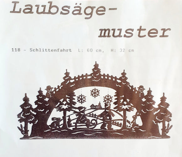 Laubsägevorlage für doppelten Schwibbogen  Motiv: Schlittenfahrt VL 118 Art. 2307   Größe: 60x32cm